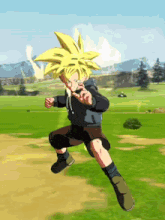 a cartoon character with yellow hair and a black hoodie is jumping in the air