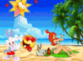 a cartoon of a woman on a beach with a bottle of love