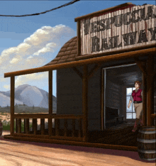 a woman is standing in front of a building that says vespuccia railroad
