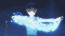 a person with their arms outstretched and a blue light coming out of them