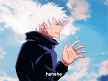 a cartoon character with white hair says ' henehe ' in front of a blue sky with clouds