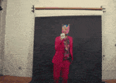 a man wearing a mask and a red suit is standing in front of a black backdrop