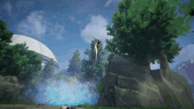 a person is flying through the air near a tree in a video game