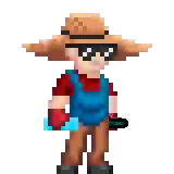 a pixel art drawing of a man wearing a straw hat and overalls