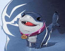 a shark with a pink collar and a tag that says jeff on it