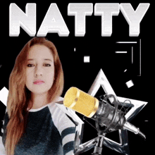 a woman stands in front of a microphone with the name natty written on the top