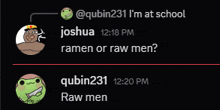 a screenshot of a conversation between joshua and qubin231 at 12:18 pm