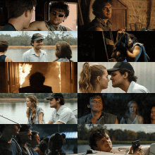 a collage of images shows a man and woman kissing