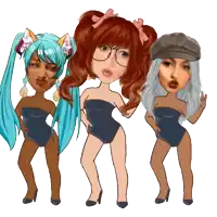 a cartoon drawing of three girls with different colored hair