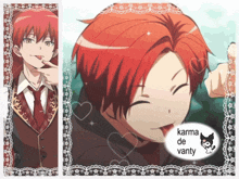 a picture of a red haired anime character with the words karma de vanity on the bottom