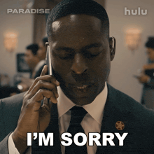 a man in a suit and tie talking on a cell phone with the words i 'm sorry below him