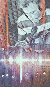 a painting of a man singing into a microphone while playing guitar