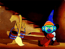 a cartoon of mickey mouse holding a broom and bucket