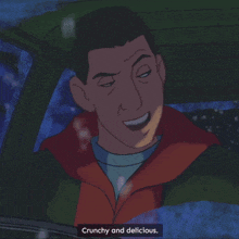 a cartoon of a man in a car with the words " crunchy and delicious " above him