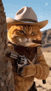 a cat wearing a cowboy hat and smoking a cigar holds a gun