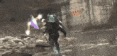 a man in a superhero costume is running through a river with a sword in his hand .
