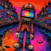 a cartoon character with a television on his head is standing in front of a wall