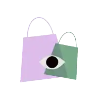 a purple bag has an eye on it and a green bag has an eye on it