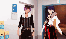two anime characters are standing in front of a sign that says 4- 2
