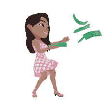 a woman in a pink dress is holding a bunch of money .