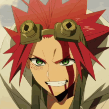 a cartoon character with red hair and green eyes has the letter m written on his head