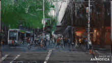 a painting of a city street with the words made in animotica below it