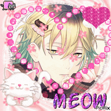 a picture of a boy with flowers and the word meow