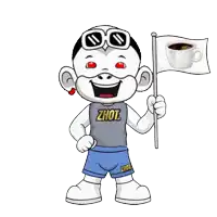 a cartoon character wearing a shirt that says ' zhou ' on it