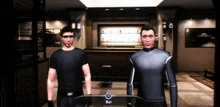two men are standing next to each other in a room with a bar button on the screen