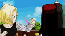 a cartoon of a woman with blonde hair standing in front of a red item