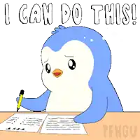 a penguin is writing on a piece of paper with the words " i can do this " written above it
