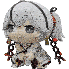 a stuffed doll with white hair and red ribbons on her hair
