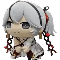 a stuffed doll with white hair and red ribbons on her hair