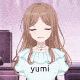 a girl with long brown hair is wearing a white shirt that says yumi