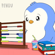 a penguin is using an abacus next to a stack of books