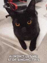 a black cat is laying on a white chair and says ai won t let me stop singing this