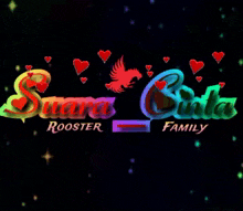 a colorful logo for suara cinta rooster family with a rooster and hearts