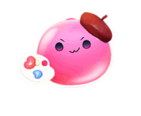 a pink cartoon character with a beret on his head holding a palette