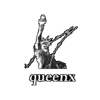 a black and white drawing of the statue of liberty with the word queenx below it .
