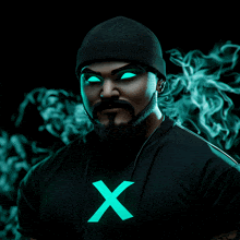 a man with a beard and glowing eyes is wearing a black shirt with the letter x on the front