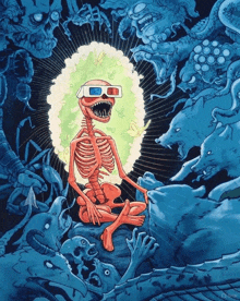 a drawing of a skeleton wearing 3d glasses surrounded by monsters
