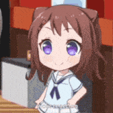 a little girl with purple eyes is standing in front of a fridge and says viole reaction