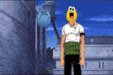 a man with a smiley face on his head is standing in front of a building