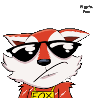 a cartoon of a fox wearing sunglasses and a flex 'n fox sign around his neck