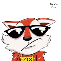 a cartoon of a fox wearing sunglasses and a flex 'n fox sign around his neck