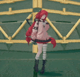 a girl with red hair is standing in front of a wall with yellow beams