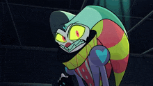 a cartoon character with yellow eyes and a heart on his chest