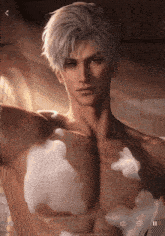 a man without a shirt is taking a bath in a video game