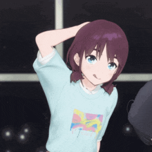 a girl with purple hair is wearing a t-shirt that says ' t ' on it