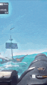a video game screen shows a ship in the ocean and says rebomb 1/4 on the bottom